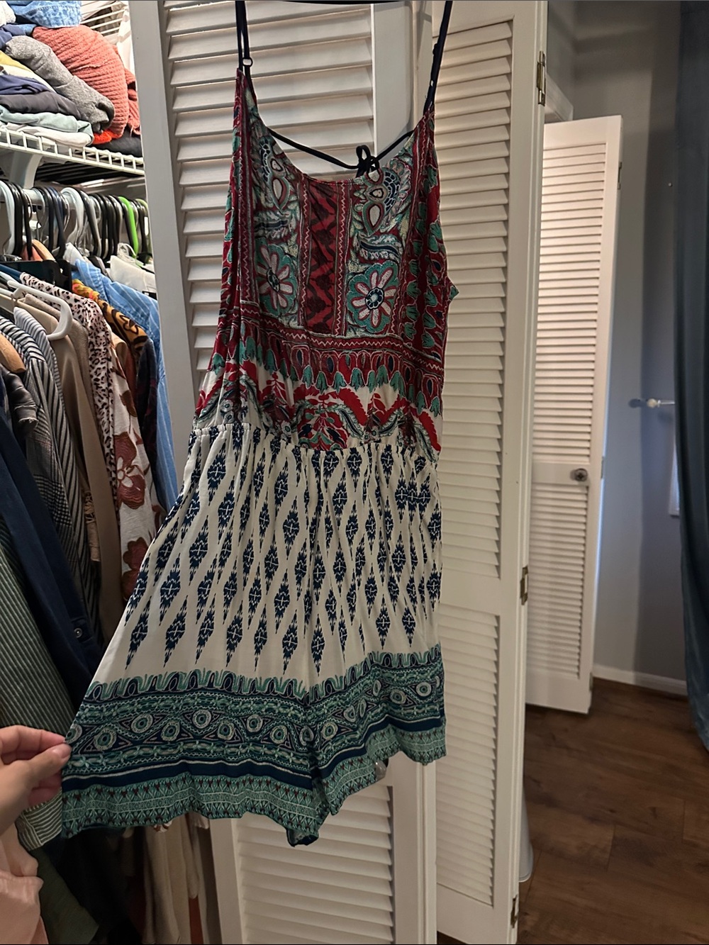 Jealous Tomato Red, Teal & Navy Printed Mini Romper